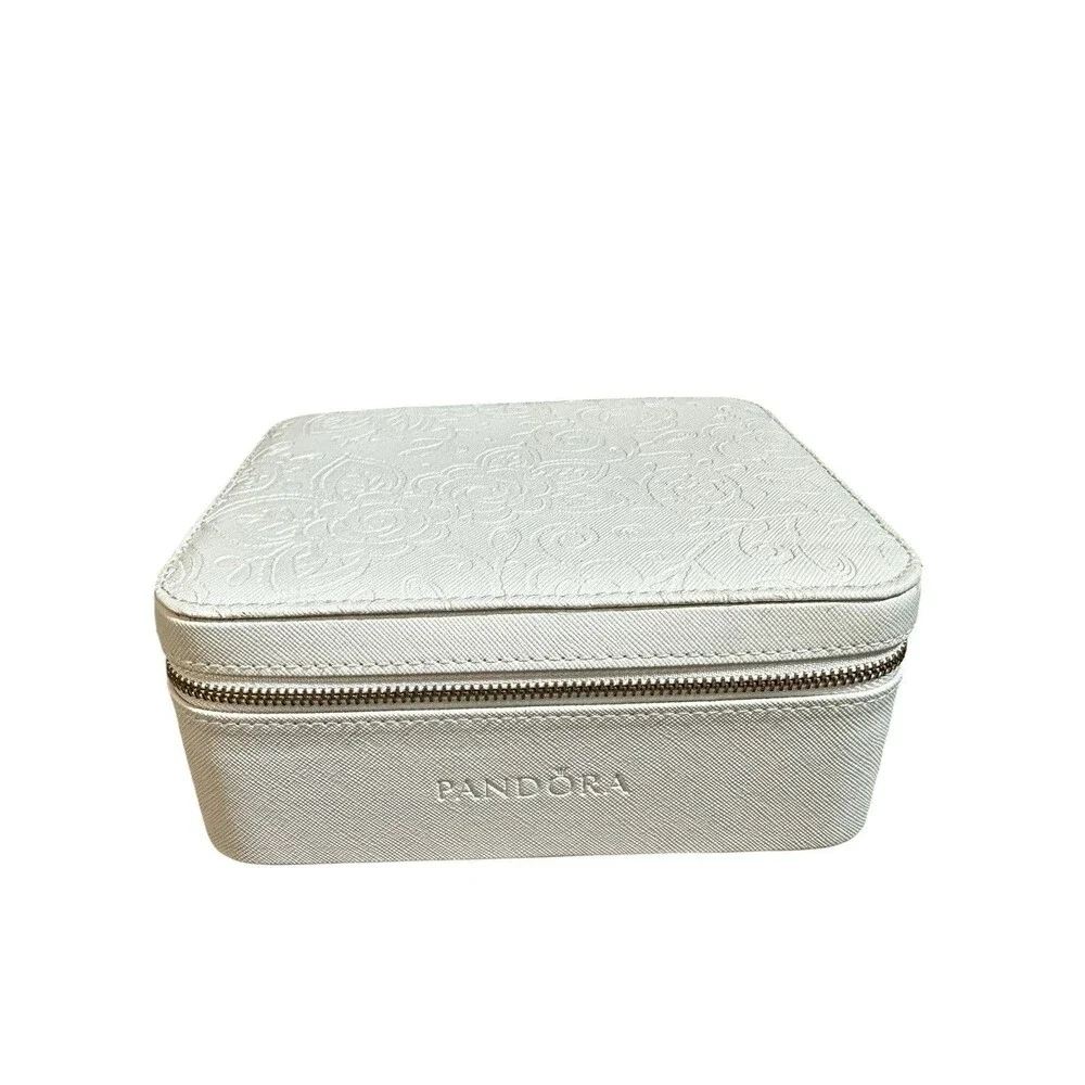 Pandora White Travel Jewelry Box Embossed Floral Gold Zipper Gray Velvet Lining